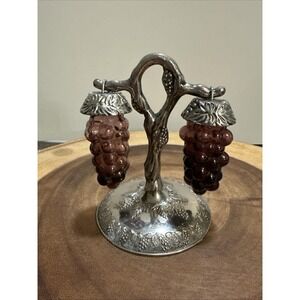 Vintage Grape Salt Pepper Shakers Hanging Glass Grapes Silvertone Metal Stand